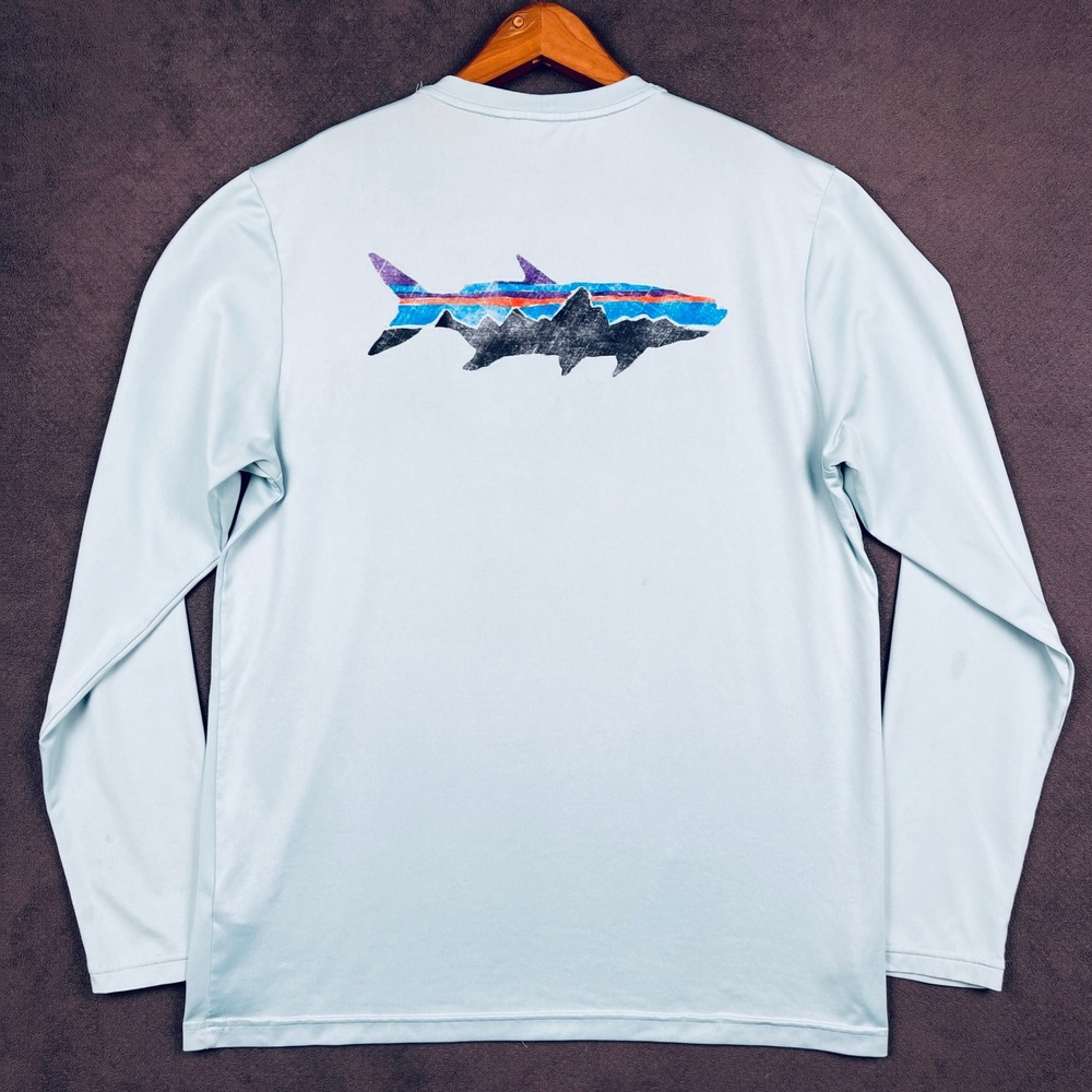 Patagonia Tech Fish Shirt Mens Medium Blue Long Sleeve Fitz Roy Trout 52146